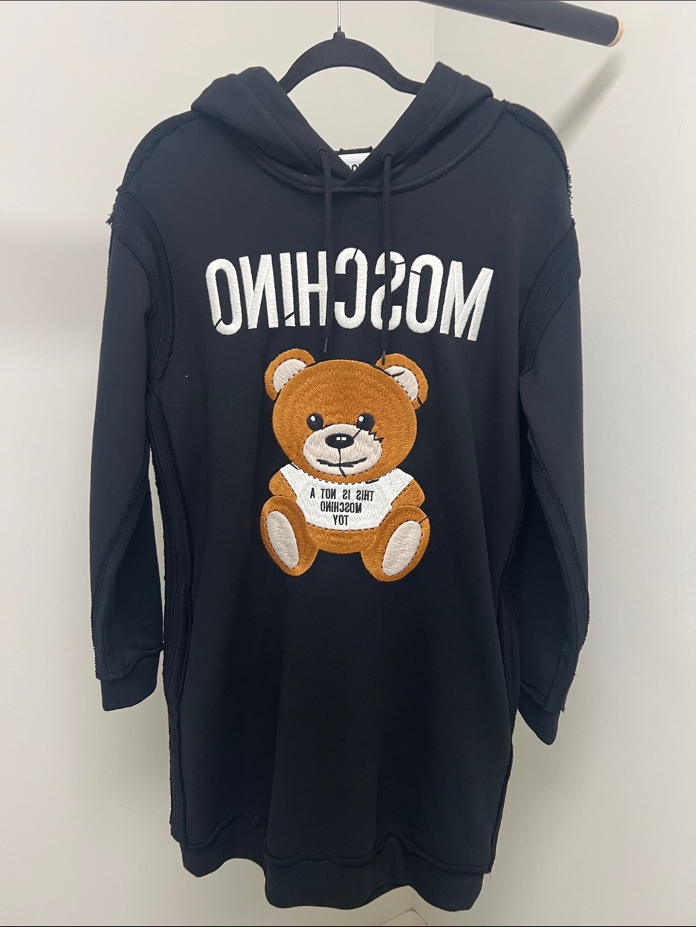 Moschino Black Hoodie Dress with Brown Teddy Patch